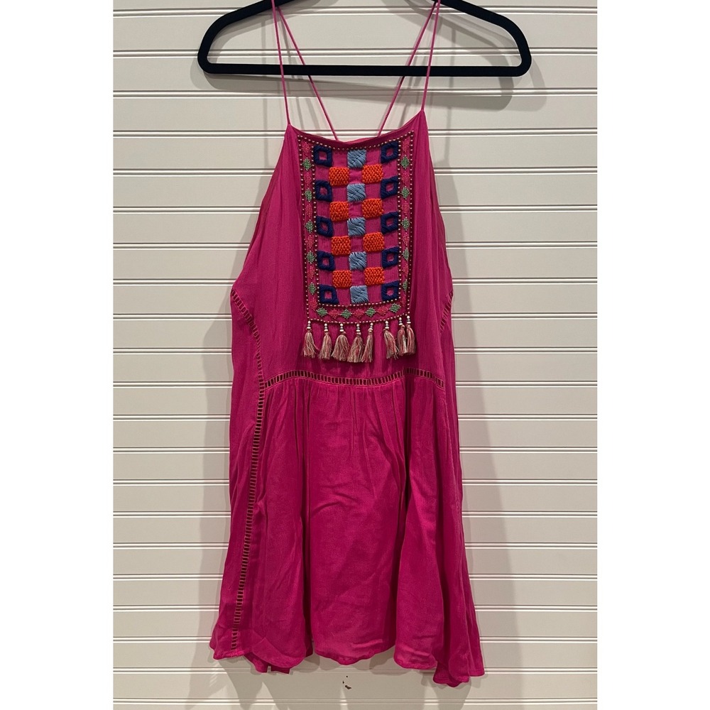 Piper by Townsen Pink Embroidered Tassel Boho‎ Mini Dress Size Medium